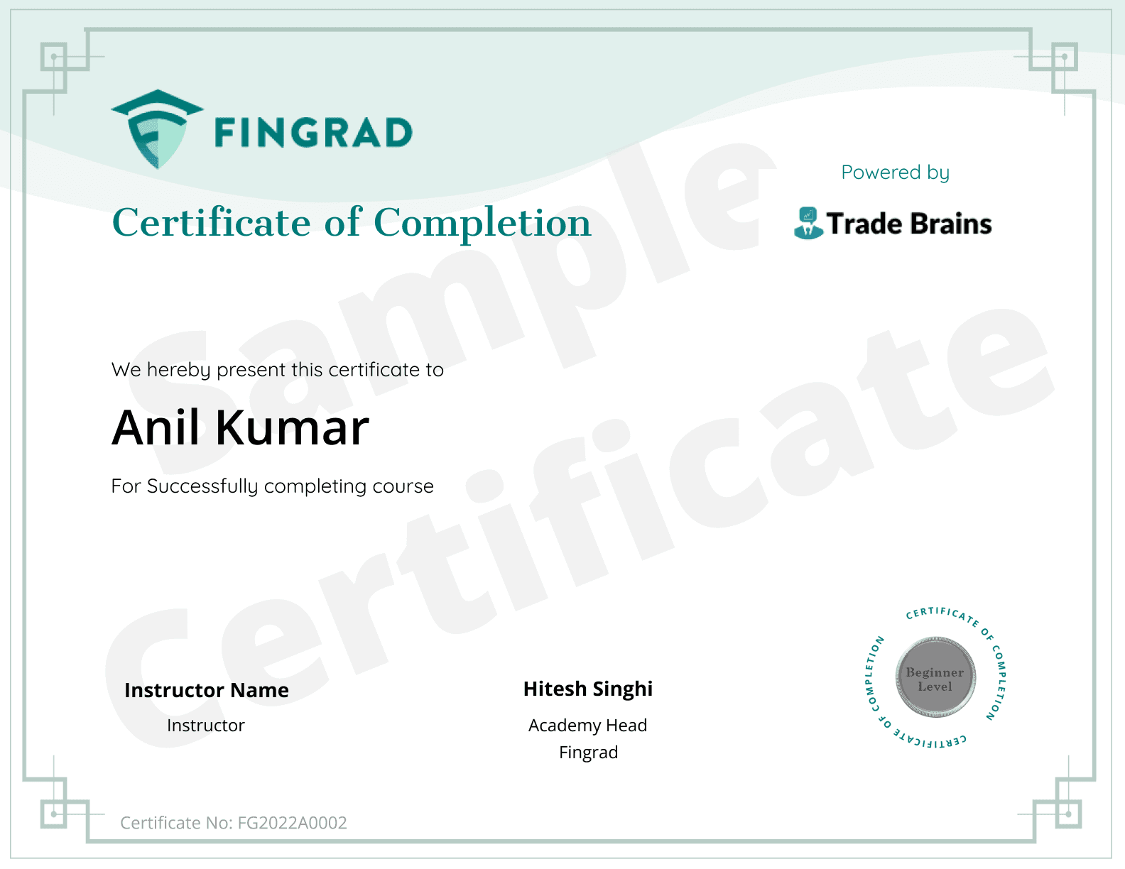 fingrad sample certificate